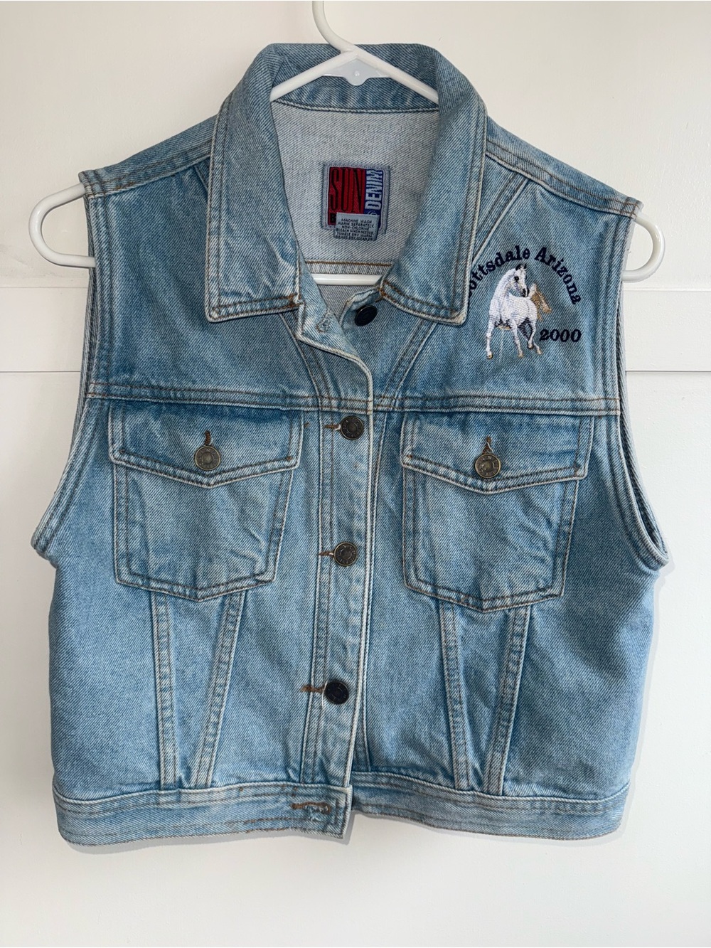 Y2K Sun‎ Belt Denim Vest Small Light Wash Scottsdale Horse Embroidered Biker